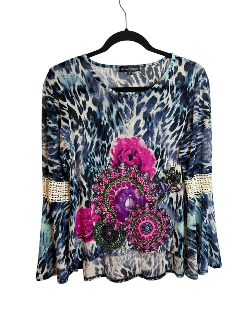 Atmosphere Floral Mesh Bell Sleeve Boho Hippie Blouse